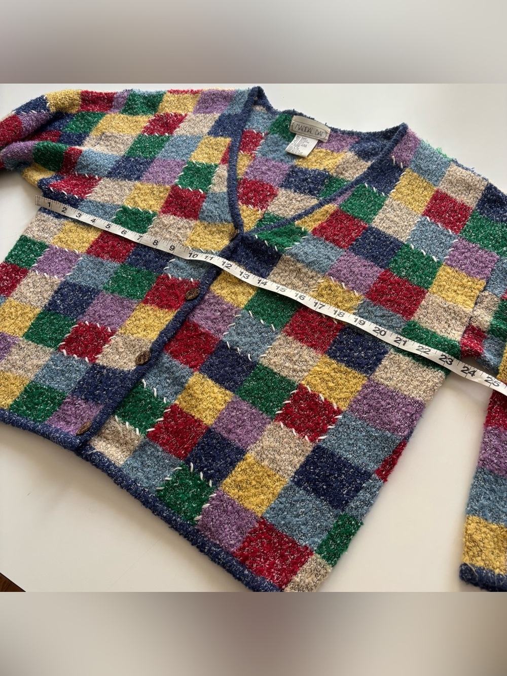 Vintage Mandal Bay colorful patchwork check cardigan sweater large - Picture 9 of 10